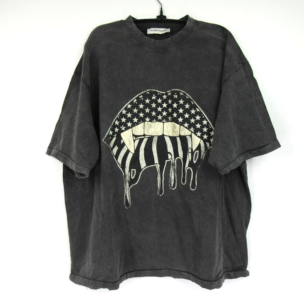 SIX WEEK RESIDENCY Men's Vintage Print Faded T-Shirt in Gray XL